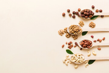 Fototapeta na wymiar mixed nuts in white wooden spoon. Mix of various nuts on colored background. pistachios, cashews, walnuts, hazelnuts, peanuts and brazil nuts