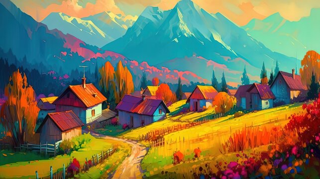 illustration of rural countryside hill village with panorama nature landscape, idea for home wall decor Generative Ai
