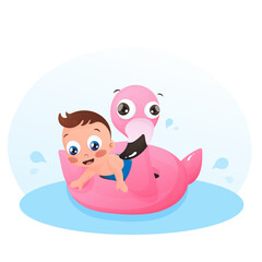 Young boy floating on air flamingo in blue pool water.