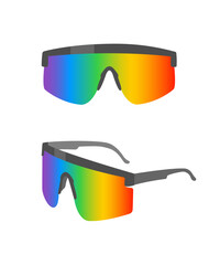 Sporty sunglasses with rainbow colored lenses.