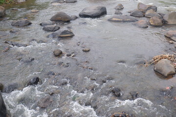 Mountain river with clear water. The rapid flow of a mountain river