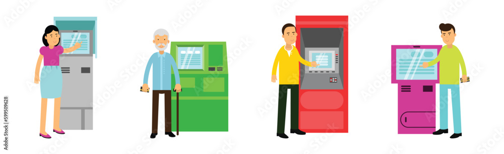 Poster people characters using electronic self service terminals and atm machine vector illustration set