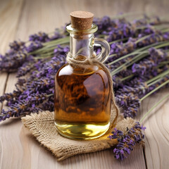 Bottle of essential oil for aromatherapy, alternative medicine or perfumery and a bouquet of fresh lavender on a wooden background. Generative AI.