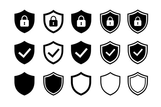 Set of Security shield logo and icons designs. Security shields with check mark and padlock.  Vectors.
