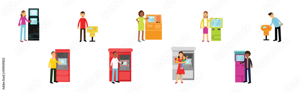 Poster people characters using electronic self service terminals and atm machine vector illustration set