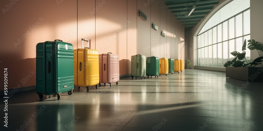 Poster a line of brightly hued bags arranged in a row in front of a window generative ai