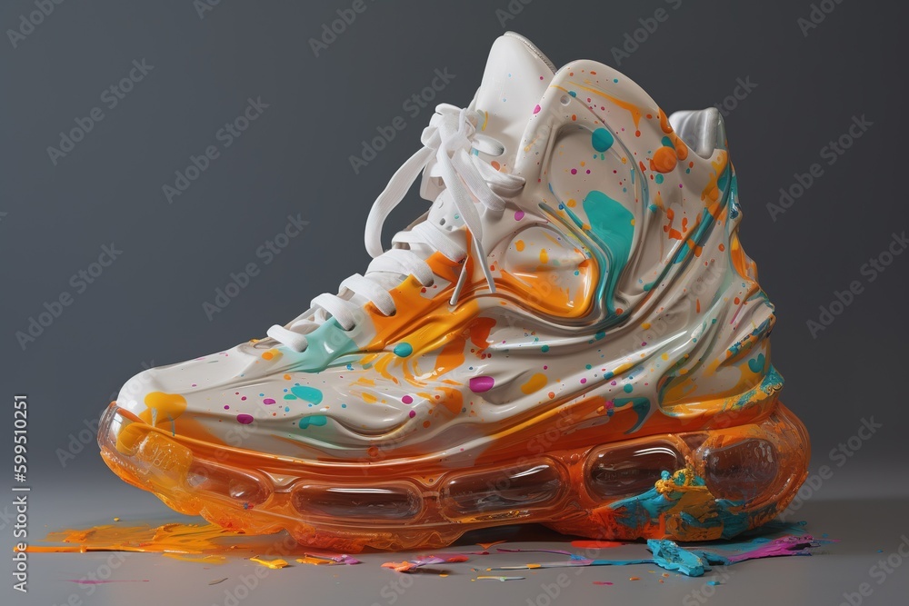 Poster a pair of shoes that have various splashes of color painted on them. generative ai