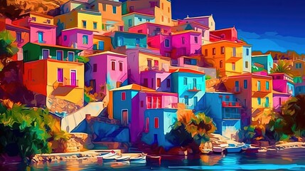 illustration of beautiful view of Mediterranean coastal cityscape at seaside in summer mood vivid tone color, idea for home wall decor, Generative Ai