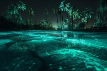 tropical palm luminous paradise tree night vacation beach blue sky ocean. Generative AI.