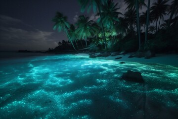 Fototapeta na wymiar tropical luminous beach paradise ocean sky night palm blue tree vacation. Generative AI.
