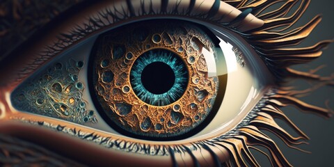 An eye with a blue pupil and the word eye on it