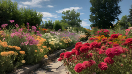 A colorful garden bursting with blooms under a bright blue sky is the perfect embodiment of a summer day.