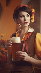 Attractive german waitress serving large beer at the Oktoberfest in Germany. Generative AI illustrations