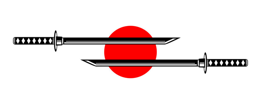 Double katana sword samurai ronin with red circle sun japanese style tattoo flat vector icon design.