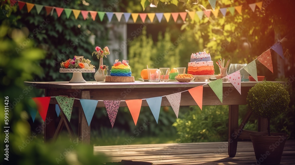Poster a table adorned with a cake and individual cupcakes generative ai