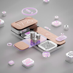 Metal smartphone with infographic elements, modern product concept. 3d rendering