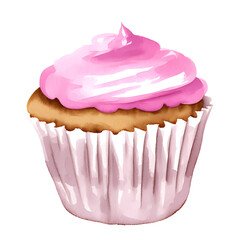 Digital Watercolor strawberry cupcake, hand drawn delicious food illustration, vector isolated on white background
