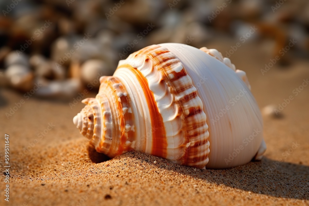 Poster a close-up shot of a seashell lying on the sand. generative ai
