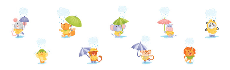 Smiling Animals Wearing Coat Walking on Puddles in Rainy Day with Umbrella Vector Set