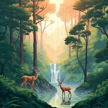 Tropical forest with deer and waterfall background, Nature, Forest landscape, Rainforest