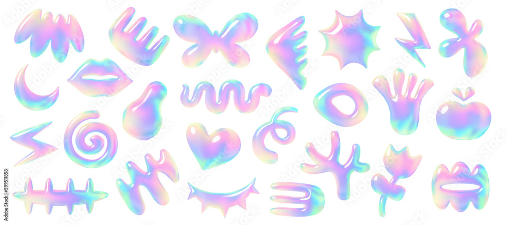 Poster abstract 3d holographic forms, assorted volumetric vector simple shapes objects in y2k style, isolat