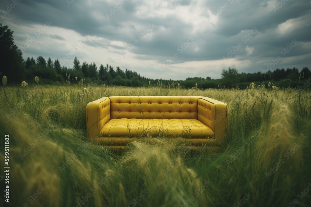 Poster a sofa placed in the middle of a field of long grass generative ai