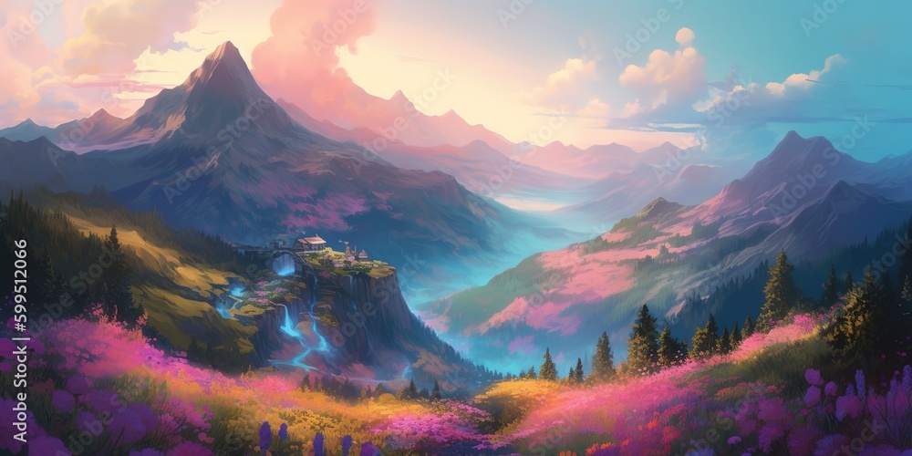 Poster a picture depicting a mountainous setting with a castle situated in the centre of it generative ai