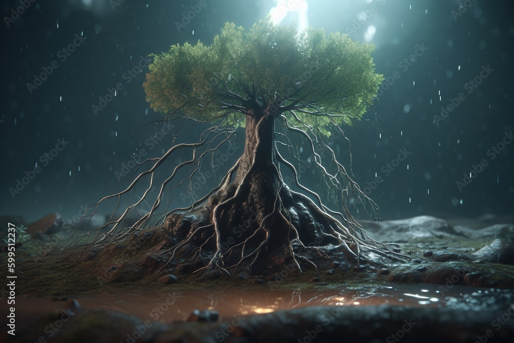 Poster a tree that has its roots in the ground and is actively growing generative ai