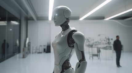 Humanoid robot gorgeous full in trendy style on light background. Realistic people character illustration. Fashion illustration. UI UX Design. Metal background.