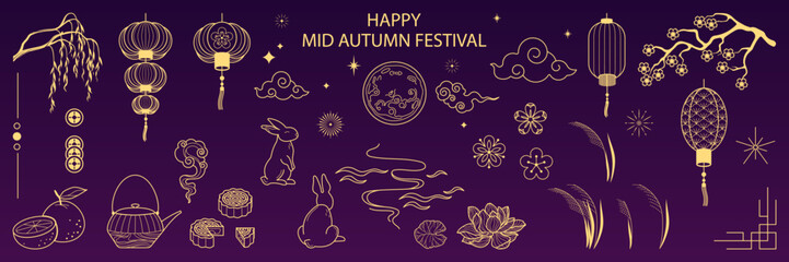 Mid autumn festival gold design elements set with moon,  rabbits, flowers, clouds, fireworks, lanterns. Concept for holiday decor, card, poster, banner. Isolated vector objects illustration.