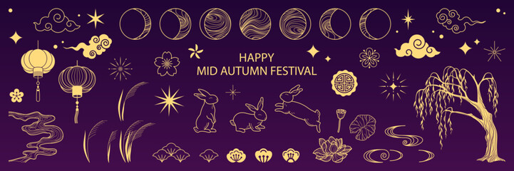 Fototapeta Mid autumn festival gold design elements set with moon,  rabbits, flowers, clouds, fireworks, lanterns. Concept for holiday decor, card, poster, banner. Isolated vector objects illustration. obraz