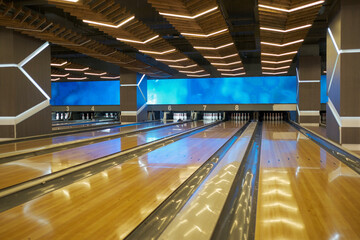 interior of a empty bowling alley. modern interior of bright and colorful bowling club. nobody....