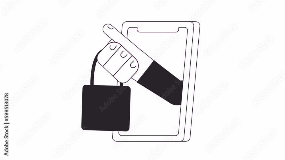 Poster purchase order reminder bw animation. animated hand with shopping bag out smartphone 2d flat monochr