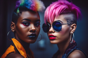 Obraz premium two black friends model wih a colorful hairstyle and urban mood, posing on camera, generative ai illustration