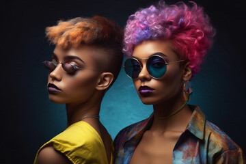 two black friends model wih a colorful hairstyle and urban mood, posing on camera, generative ai illustration
