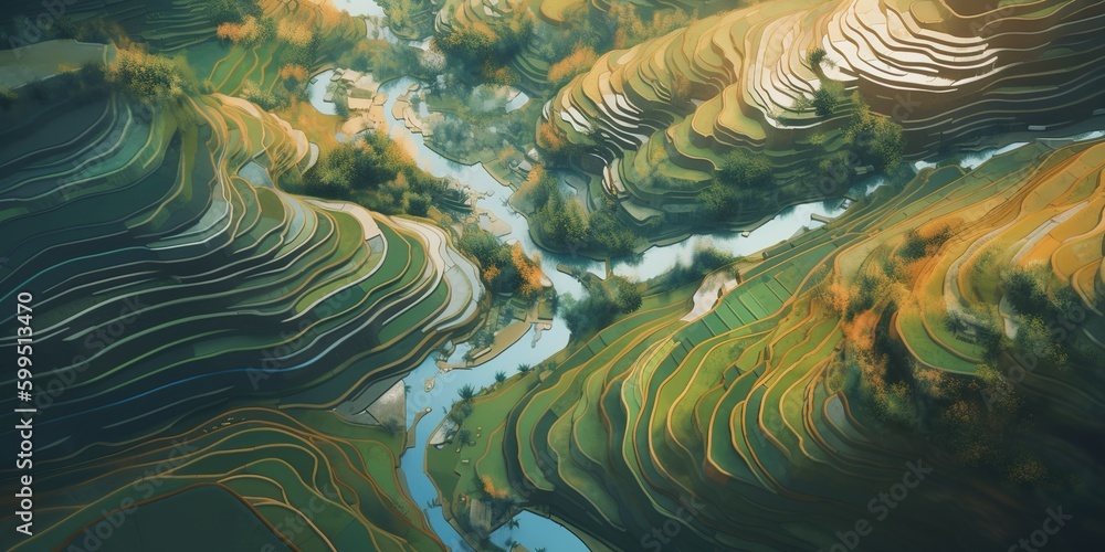 Poster an overhead perspective of a valley that has a river cutting through the middle of it generative ai