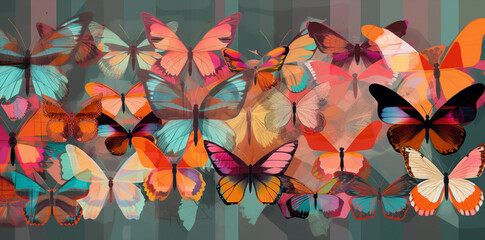 Fototapeta na wymiar stylish butterflies pattern group on colorful pop banner background, generative ai illustration