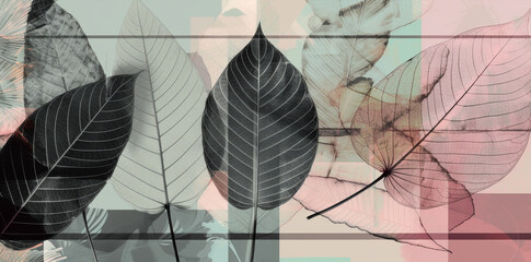 contemporary banner x ray stile, leaves pattern  on pastel background, generative ai illustration