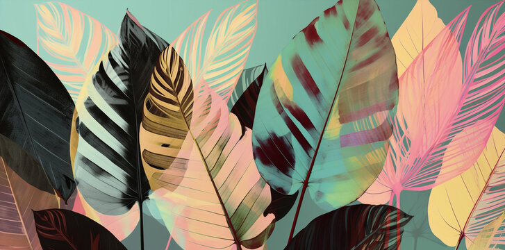 contemporary banner x ray stile, leaves pattern  on pastel background, generative ai illustration