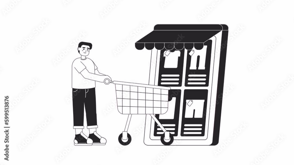 Poster online store visit bw animation. animated guy with shopping trolley 2d flat monochromatic thin line 