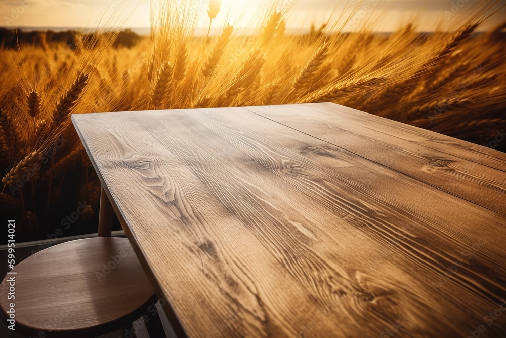 Poster a table made of wood that is placed in front of a wheat field. generative ai