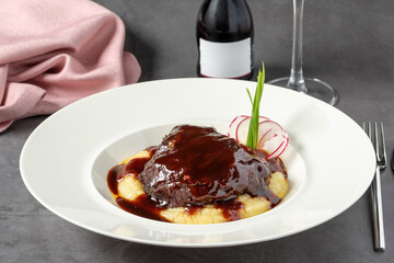 Veal cheek served in a fine dining restaurant