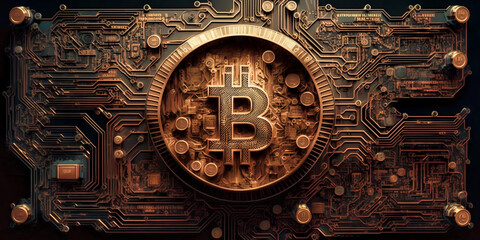 Futuristic robot technology development, digital currency Bitcoin, artificial intelligence AI, use of modern technologies in the banking sector. Generative AI