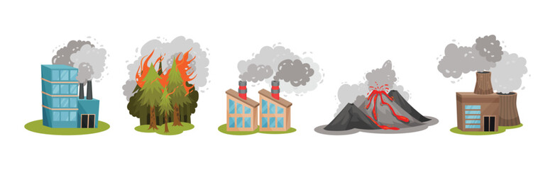 Air Pollution Sources with Industrial Fume and Toxic Waste Emission Vector Scene Set