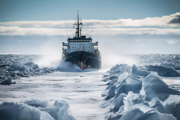 Aerial view of icebreaker ship breaking through frozen waters