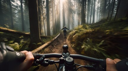 Electric mountain biker conquering rugged terrain with precision and confidence - obrazy, fototapety, plakaty