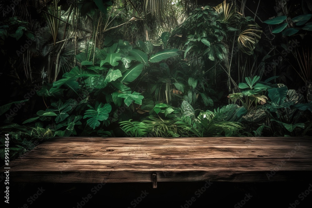 Poster a table made of wood that is positioned in front of a verdant forest. generative ai