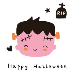 Hand drawn cute smiling Frankenstein. Gravestone RIP, star and heart shape graphic elements for decorations. Hand written text Happy Halloween.