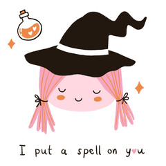 Hand drawn cute witch wearing a hat and love potion bottle. Graphic elements for Halloween decorations. Hand written text I put a spell on you.
