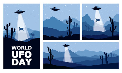 UFO Cow Abduction. Funny vector illustrations for world UFO day, night landscape with flying saucer over mexico	